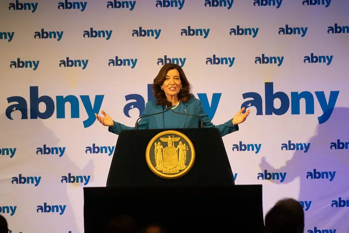 Governor Kathy Hochul behind a podium to deliver the keynote address to a breakfast hosted by the Association for a Better New York on Thursday.